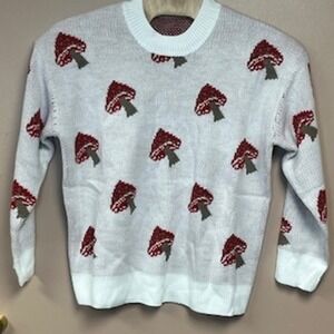 Cute Mushroom Print Knit Sweater Pullover Light Blue Long Sleeve Cozy Casual XL